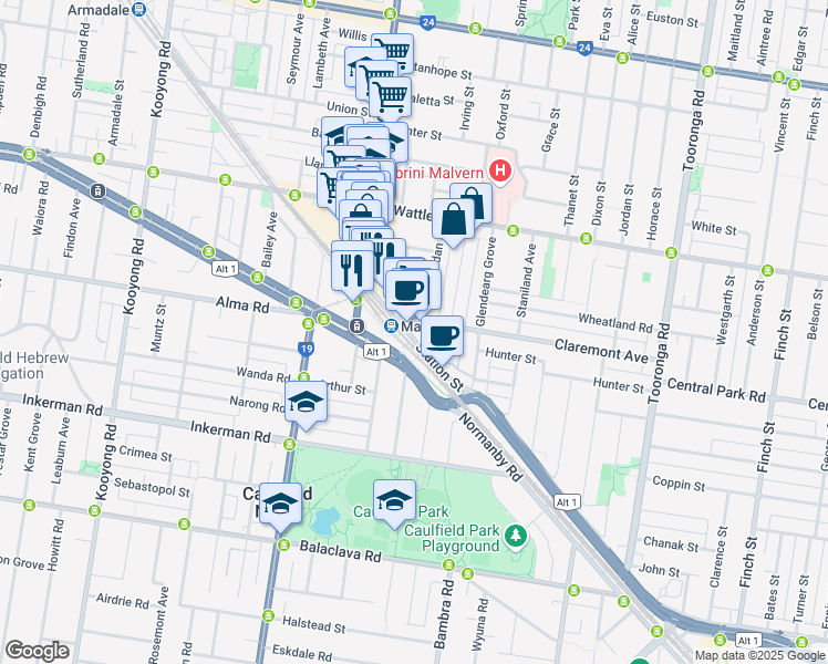map of restaurants, bars, coffee shops, grocery stores, and more near 65 Station Street in Malvern