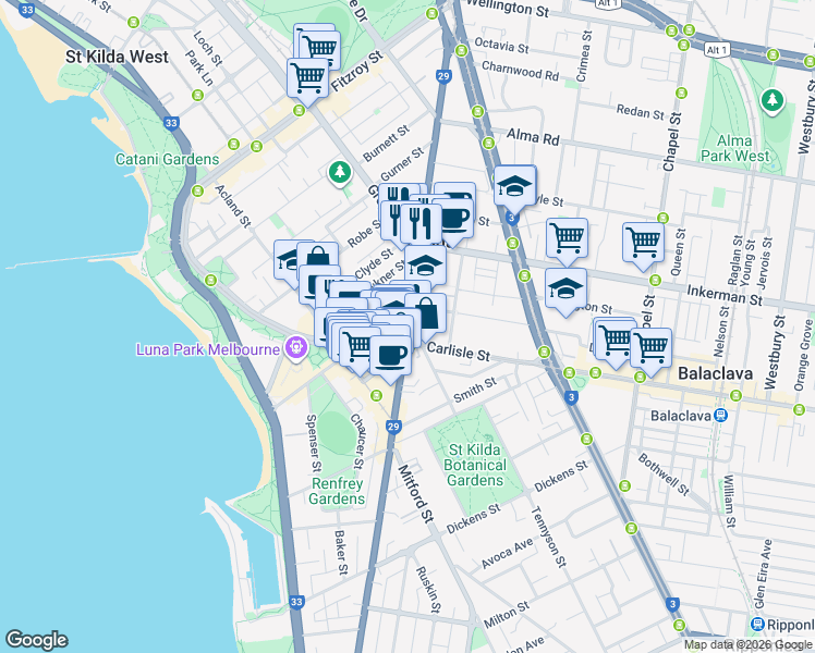 map of restaurants, bars, coffee shops, grocery stores, and more near Barkly Street in St Kilda