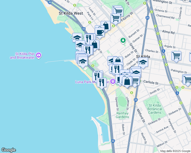 map of restaurants, bars, coffee shops, grocery stores, and more near 30 Jacka Boulevard in Saint Kilda