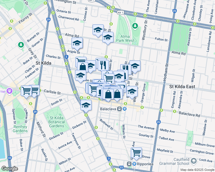 map of restaurants, bars, coffee shops, grocery stores, and more near 19 Camden Street in Balaclava