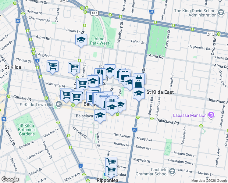 map of restaurants, bars, coffee shops, grocery stores, and more near 82 Westbury Street in Balaclava