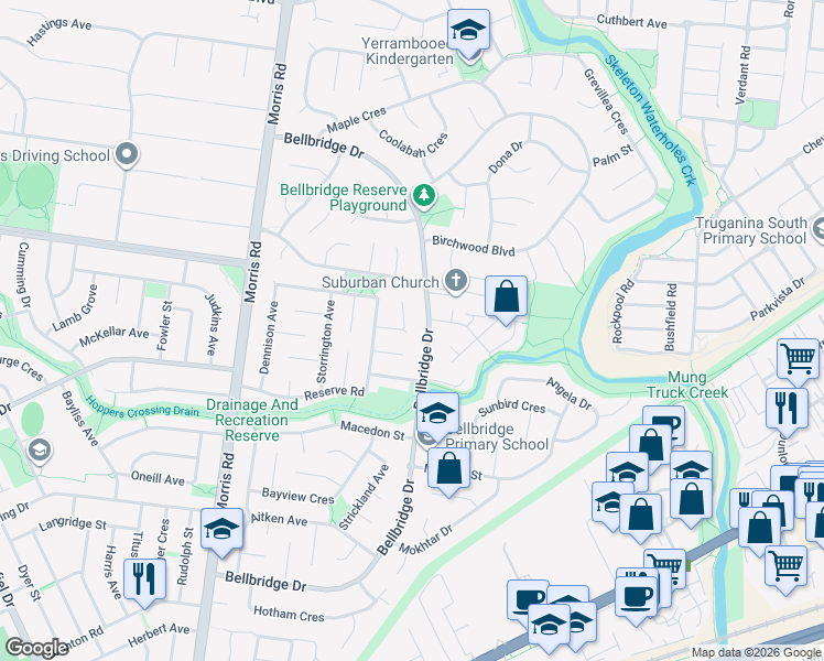map of restaurants, bars, coffee shops, grocery stores, and more near 17 Arundel Court in Hoppers Crossing