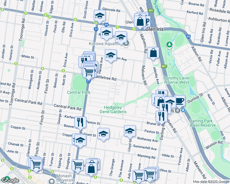map of restaurants, bars, coffee shops, grocery stores, and more near Tollington Avenue in Malvern East