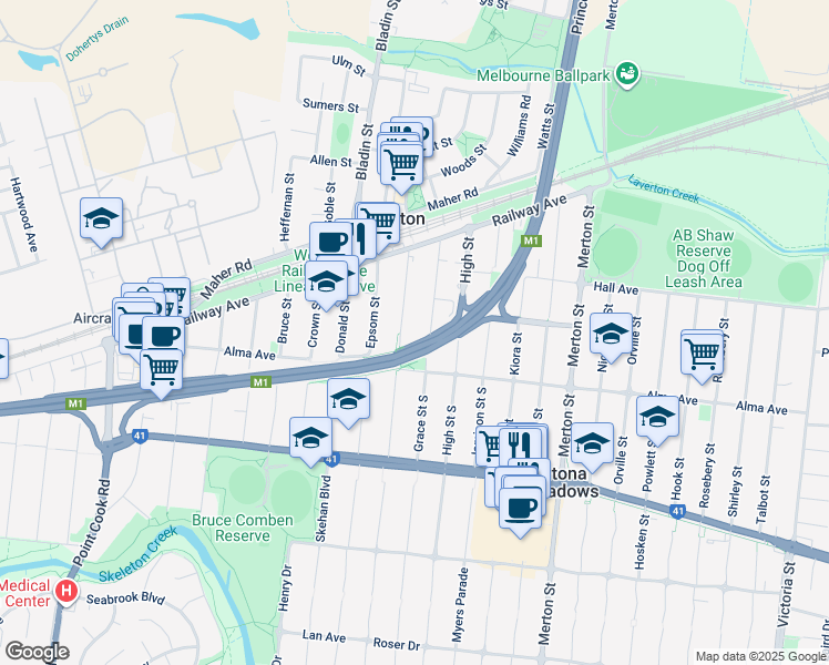 map of restaurants, bars, coffee shops, grocery stores, and more near 42 Grace Street in Laverton