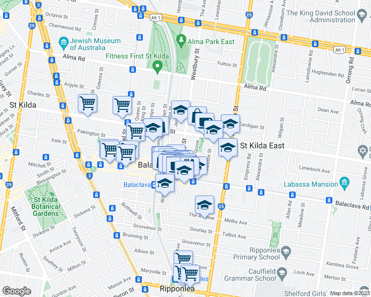map of restaurants, bars, coffee shops, grocery stores, and more near 84 Westbury Street in Balaclava