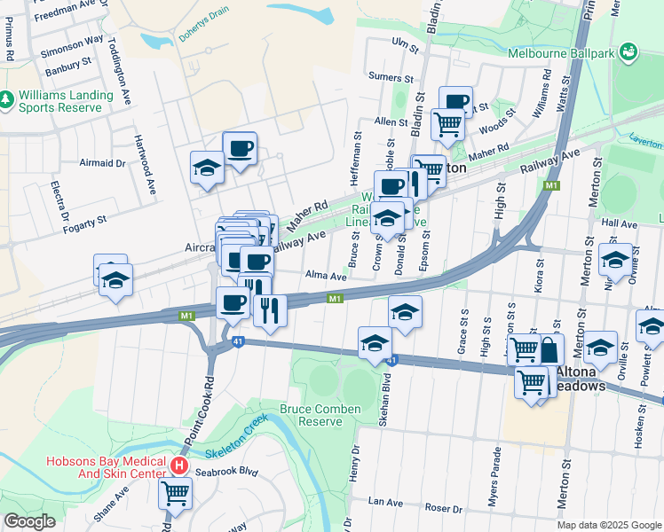map of restaurants, bars, coffee shops, grocery stores, and more near 17 Balmoral Street in Laverton