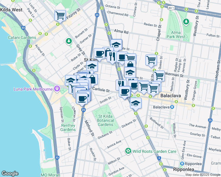 map of restaurants, bars, coffee shops, grocery stores, and more near 70 Carlisle Street in St Kilda