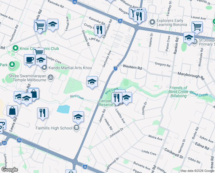 map of restaurants, bars, coffee shops, grocery stores, and more near 287 Scoresby Road in Boronia