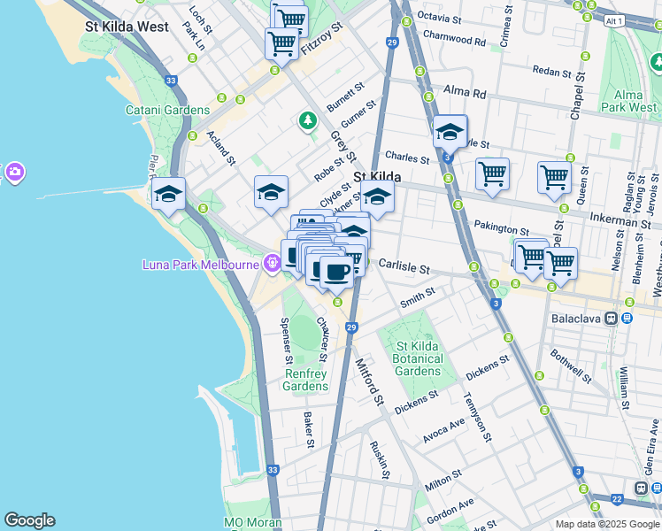 map of restaurants, bars, coffee shops, grocery stores, and more near 4 Irwell Street in St Kilda