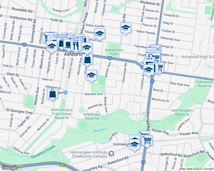 map of restaurants, bars, coffee shops, grocery stores, and more near 31 Warner Avenue in Ashburton