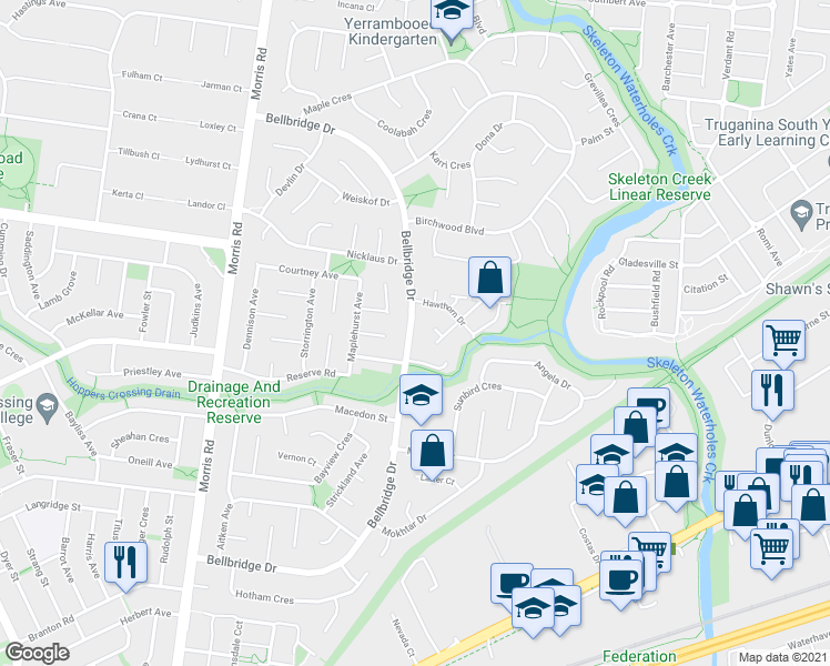 map of restaurants, bars, coffee shops, grocery stores, and more near 132 Bellbridge Drive in Hoppers Crossing
