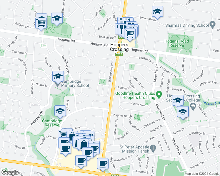 map of restaurants, bars, coffee shops, grocery stores, and more near 2 Dunk Court in Hoppers Crossing