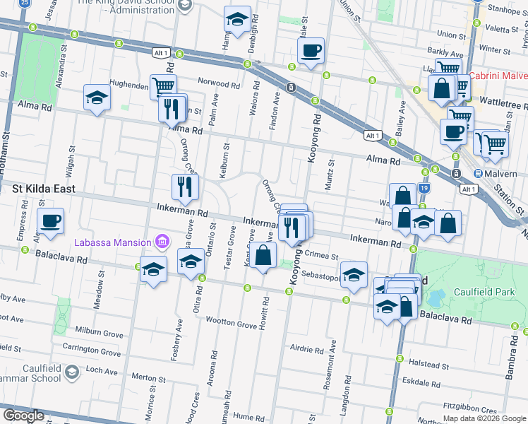 map of restaurants, bars, coffee shops, grocery stores, and more near 618 Inkerman Road in Caulfield North