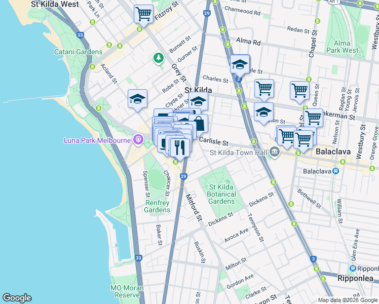 map of restaurants, bars, coffee shops, grocery stores, and more near 176 Barkly Street in St Kilda