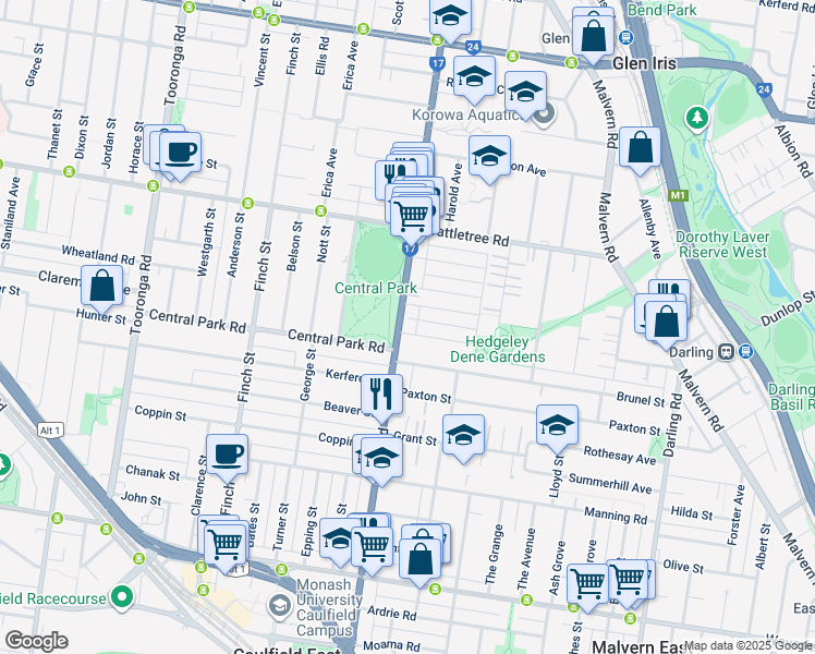 map of restaurants, bars, coffee shops, grocery stores, and more near 98 Burke Road in Malvern East