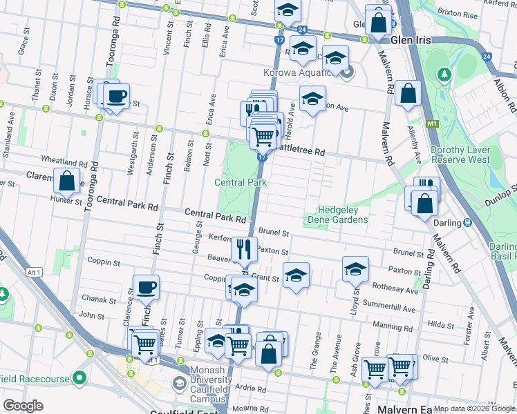 map of restaurants, bars, coffee shops, grocery stores, and more near 98 Burke Road in Malvern East