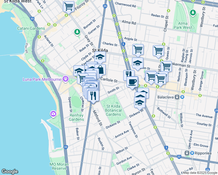 map of restaurants, bars, coffee shops, grocery stores, and more near 3 Mitchell Street in Saint Kilda