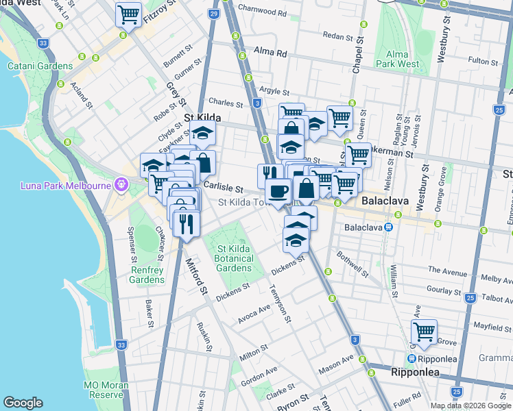map of restaurants, bars, coffee shops, grocery stores, and more near 88 Blessington Street in St Kilda