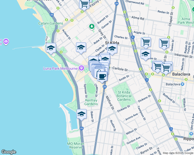 map of restaurants, bars, coffee shops, grocery stores, and more near 131 Acland Street in St Kilda