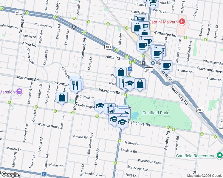 map of restaurants, bars, coffee shops, grocery stores, and more near 684 Inkerman Road in Caulfield North