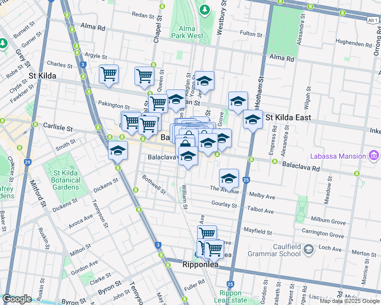 map of restaurants, bars, coffee shops, grocery stores, and more near 2 William Street in Balaclava