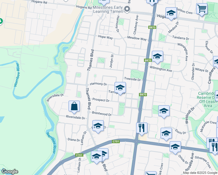 map of restaurants, bars, coffee shops, grocery stores, and more near 12 Lauderdale Drive in Tarneit