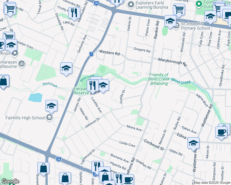 map of restaurants, bars, coffee shops, grocery stores, and more near 2 Colorado Court in Ferntree Gully