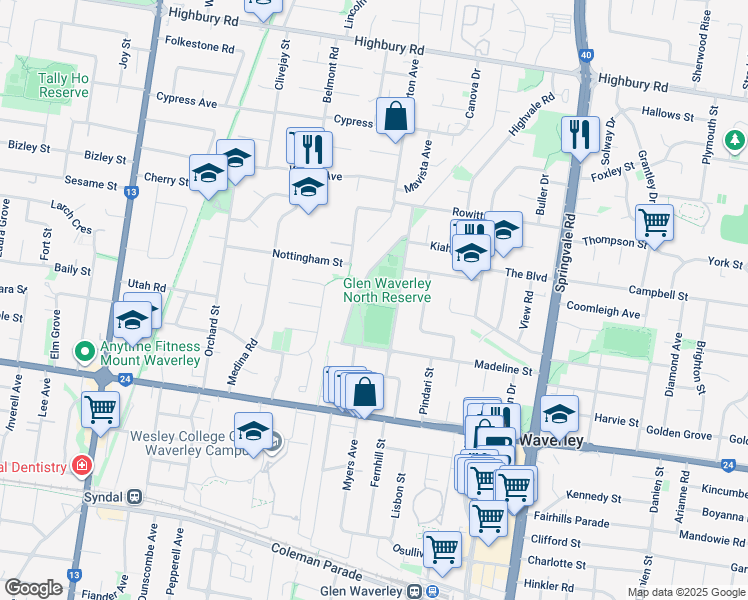 map of restaurants, bars, coffee shops, grocery stores, and more near 5-11 Madeline Street in Glen Waverley