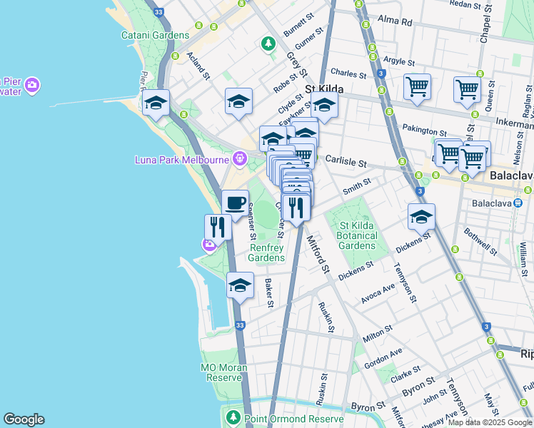 map of restaurants, bars, coffee shops, grocery stores, and more near 21 Spenser Street in St Kilda