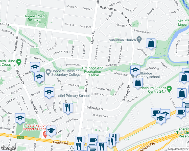 map of restaurants, bars, coffee shops, grocery stores, and more near 24 Macedon Street in Hoppers Crossing