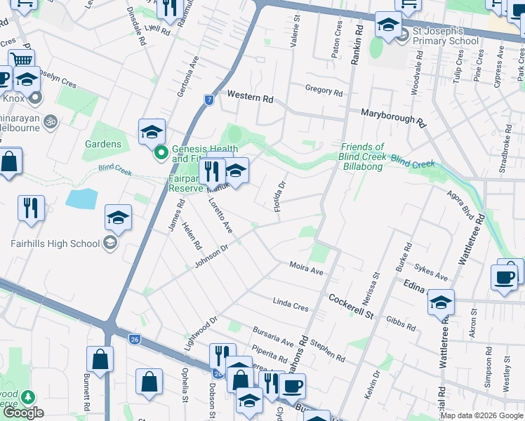 map of restaurants, bars, coffee shops, grocery stores, and more near 10 California Crescent in Ferntree Gully