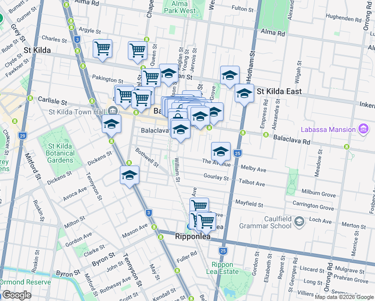 map of restaurants, bars, coffee shops, grocery stores, and more near 147 Westbury Close in Balaclava