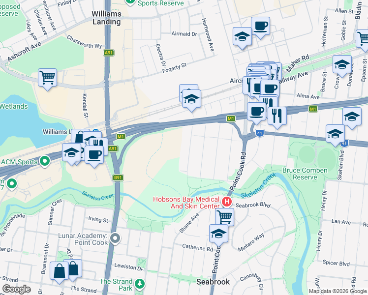 map of restaurants, bars, coffee shops, grocery stores, and more near 26 Crellin Avenue South in Altona Meadows