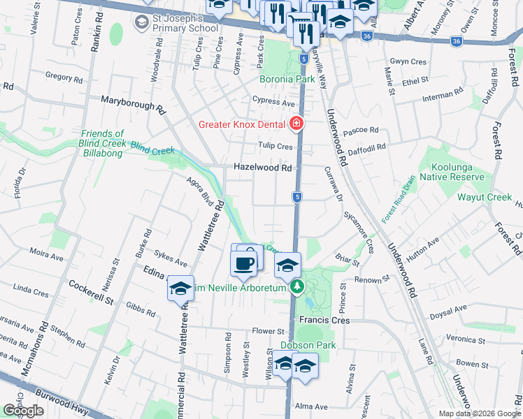 map of restaurants, bars, coffee shops, grocery stores, and more near 1B Sutton Avenue in Boronia