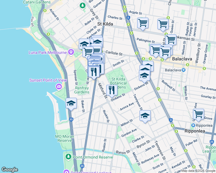 map of restaurants, bars, coffee shops, grocery stores, and more near 11 Herbert Street in St Kilda