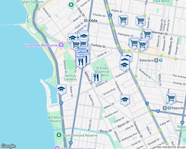 map of restaurants, bars, coffee shops, grocery stores, and more near 11 Herbert Street in St Kilda