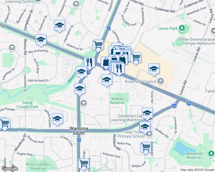map of restaurants, bars, coffee shops, grocery stores, and more near 14 Tyner Road in Wantirna South