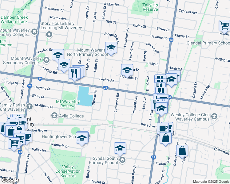 map of restaurants, bars, coffee shops, grocery stores, and more near 508 High Street Road in Mount Waverley