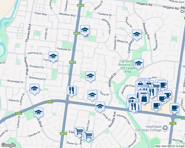 map of restaurants, bars, coffee shops, grocery stores, and more near 10 Oldtrack Place in Hoppers Crossing