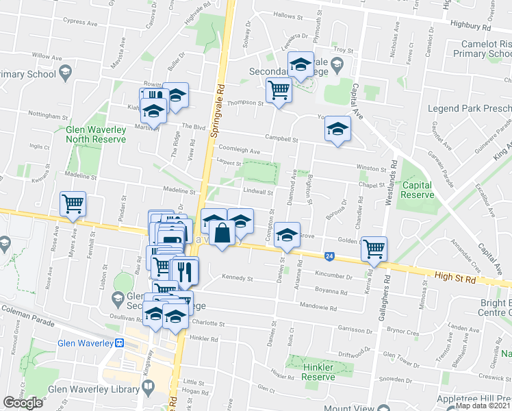 map of restaurants, bars, coffee shops, grocery stores, and more near 15 Landridge Street in Glen Waverley
