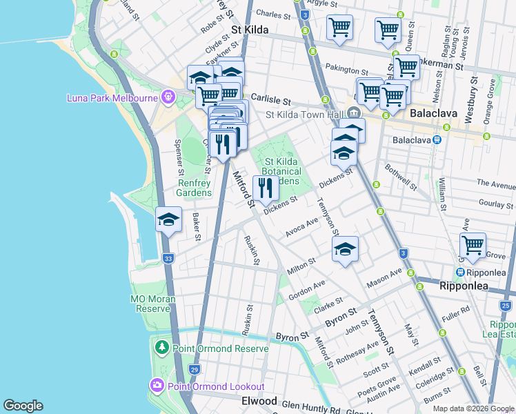 map of restaurants, bars, coffee shops, grocery stores, and more near 30A Mitford Street in St Kilda