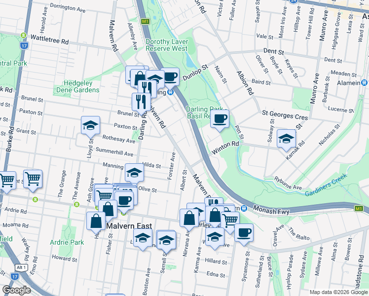 map of restaurants, bars, coffee shops, grocery stores, and more near 2015 Malvern Road in Malvern East