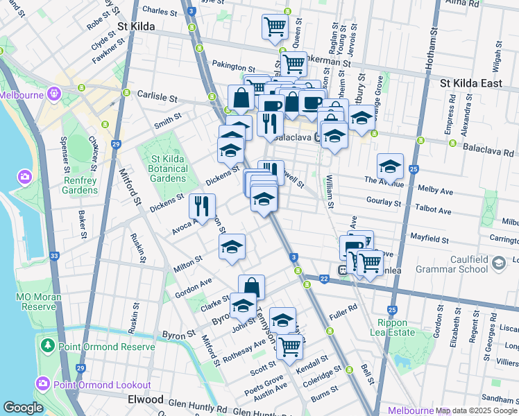 map of restaurants, bars, coffee shops, grocery stores, and more near 81 Brighton Road in Elwood