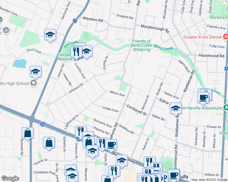 map of restaurants, bars, coffee shops, grocery stores, and more near 29 Moira Avenue in Ferntree Gully