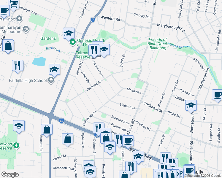 map of restaurants, bars, coffee shops, grocery stores, and more near 52 Loretto Avenue in Ferntree Gully