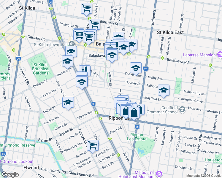 map of restaurants, bars, coffee shops, grocery stores, and more near 67 Grosvenor Street in Balaclava