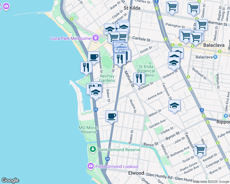 map of restaurants, bars, coffee shops, grocery stores, and more near 287 Barkly Street in St Kilda