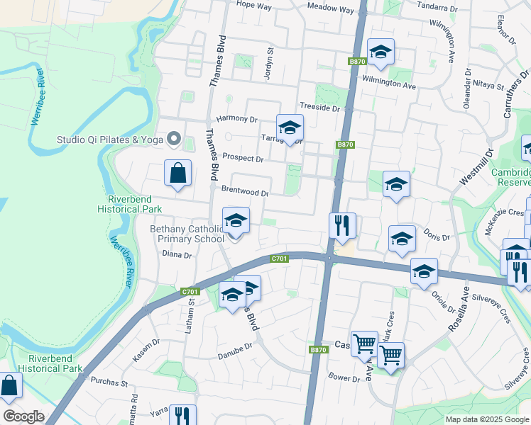 map of restaurants, bars, coffee shops, grocery stores, and more near 9 Cromwell Road in Werribee