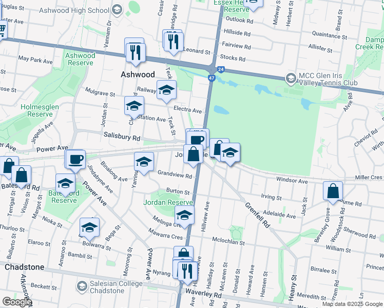 map of restaurants, bars, coffee shops, grocery stores, and more near 82 Railway Parade South in Chadstone