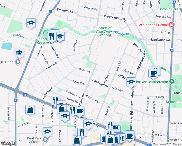 map of restaurants, bars, coffee shops, grocery stores, and more near 65 Mcmahons Road in Ferntree Gully